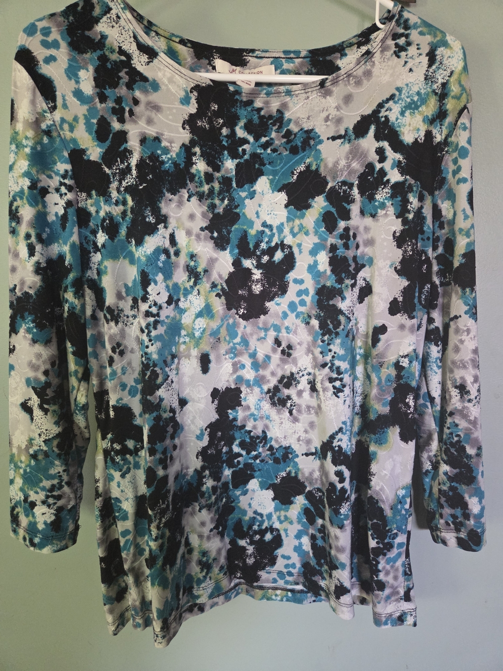 JM Collection Abstract Teal Black Long Sleeve Top